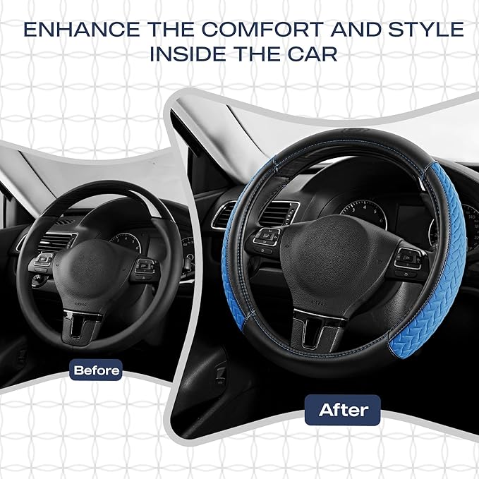 Skechers Steering Wheel Cover,Max Cushioning Leather Steering Wheel Cover Universal Fit 14" 1/2-15" Car Wheel Protector for Men Women Fit Suvs,Vans,Sedans,Car,Trucks,Blue