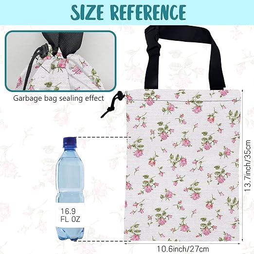 KXWQTRDD Car Garbage Bag Small Pink Rose Floral Drawstring Car Trash Bag Hanging for Back Seat with Adjustable Buckle Canvas Vehicle Trash Can Easy-to-Install