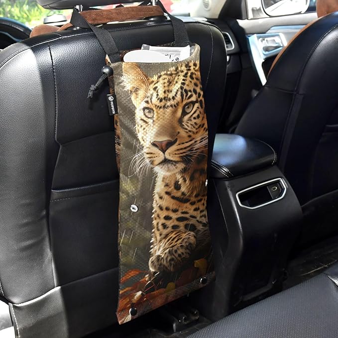 ALAZA Hanging Car Trash Bags Garbage Bag Trash Can for Back Seat Small Cheetah Leopard 2 Washable Storage Bag Retractable 2 Pack