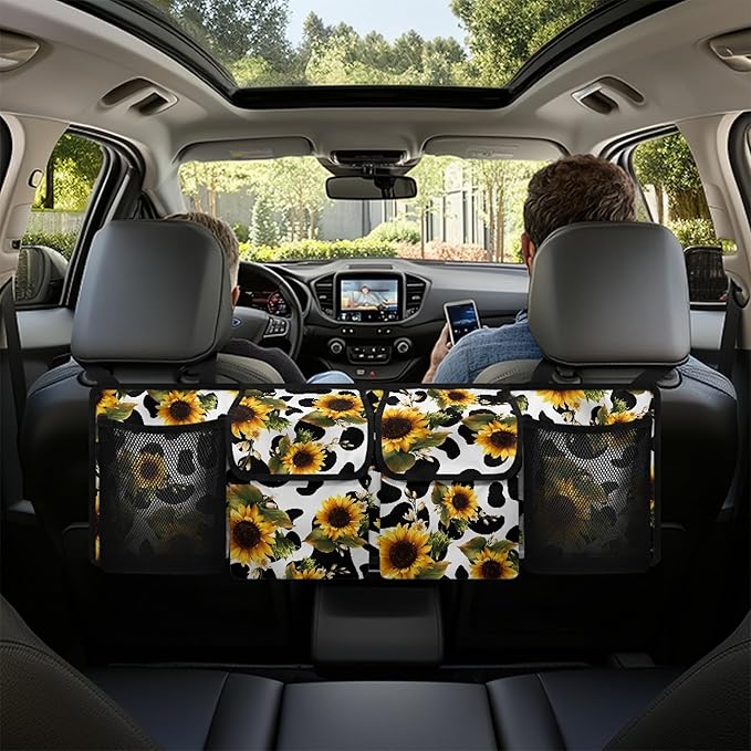 CLOHOMIN Cow Print Trunk Organizer for Car Sunflower Trunk Organizers for SUV Truck Van Collapsible Trunk Storage Organizer Backseat Hanging Car Organizer with 4 Pockets
