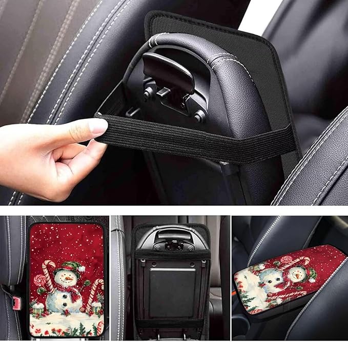 Horeset Christmas Snowman Candy Cane Universal Fit Auto Center Console Arm Rest Pad Car Armrest Seat Box Protection Fit SUV Sedan Truck