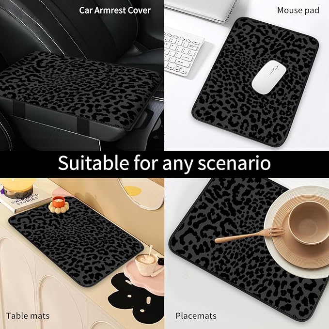 Car Center Console Cover, Universal Soft Large Neoprene Auto Armrest Seat Box Cover, Funny Car Decor Accessories Fit for Most Cars, Vehicles, SUVs Cute Black Leopard