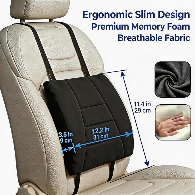 Big Hippo Ergonomic Memory Foam Lumbar Support Pillow for Car and Office Chair – Thick Lower Back Support Cushion for Driving, Gaming, and Long Sitting – Adjustable Strap, Relieves Lower Back Pain