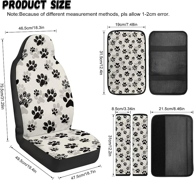 Qeluxign Paw Print Auto Seat Covers with Car Center Console Cover, Belt Cover PU Leather Breathable Full Set Bucket Seat Covers, Pack of 5, Universal Fit for Sedan,SUV