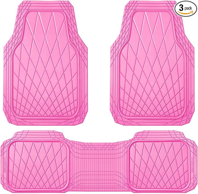 CAR PASS Heavy Duty Rubber Car Floor Mats, Deep Dish All Weather Car Mats Full Set, 3 Piece Waterproof Premium Anti-Slip Floor Mats Rugs Universal Trim to Fit for 95% Sedan SUV Van Truck, Pink