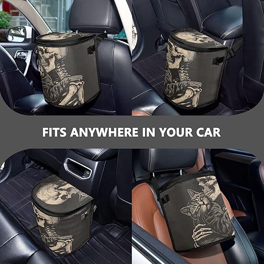 MNSRUU Car Trash Can with Lid, Cat Snuggled Human Skeletal Skull Car Trash Bag Hanging Organizers and Storage for Front Back Seat, Leak-Proof Trash Bin