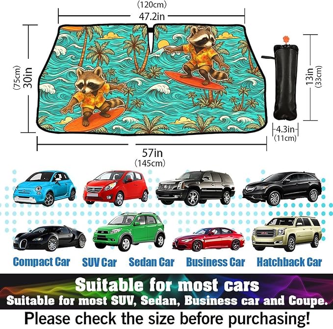 DOPINDU Hawaiian Raccoon Car Windshield Sun Shade Umbrella Bendable Handle Foldable Funny Sunshade for Car Windshield Block UV Rays Keep Vehicle Cool for Most Sedans SUV Trucks Cars 57"x30"