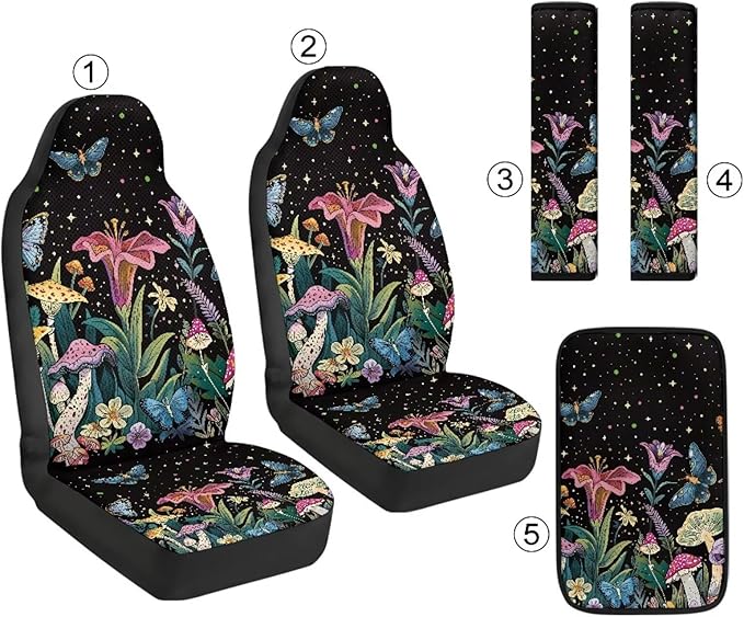 Psesaysky Anti-Scratch Leather Car Interior Set: Mushroom Butterfly Floral 2 Front Seat Covers + 2 Seat Belt Protectors + 1 Armrest Pad Compatible with Most Vehicles