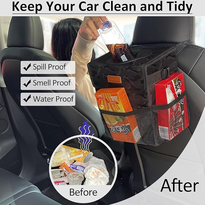 ELONGRIVER Car Trash Can Bin for Back Seat Leak Proof, Cute Car Trash Bag Hanging, Vehicle Trash Can for SUV Truck Van, Automotive Garbage Cans Front Seat Camo Black