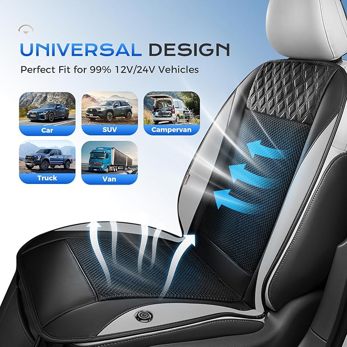 Coverado Cooling Car Seat Cover with High-Velocity Turbo Fan, Powerful Blowing & Suction Pad, 12V-24V Ventilated Cushion, 3-Speed Adjustable Airflow, Universal Fit for Car SUV Truck Van（Gray）