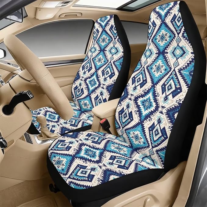 FUSURIRE Aztec Rhombus Leather Front Seat Covers & Seat Belt Covers &Center Armrest Pad Universal Car Accessories for SUV,Van,Saden,Truck Automobile Interior Sets