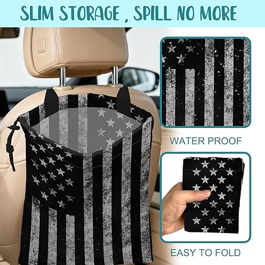 KXWQTRDD Car Garbage Bag Black and White American Flag Hanging Canvas Car Trash Bag Drawstring Car Back Seat Organizer for Car Back Front Seat Console with Adjustable Buckle