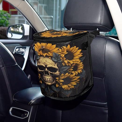 MNSRUU Car Trash Can with Lid, Skull and Sunflower Car Trash Bag Hanging Organizers and Storage for Front Back Seat, Leak-Proof Trash Bin