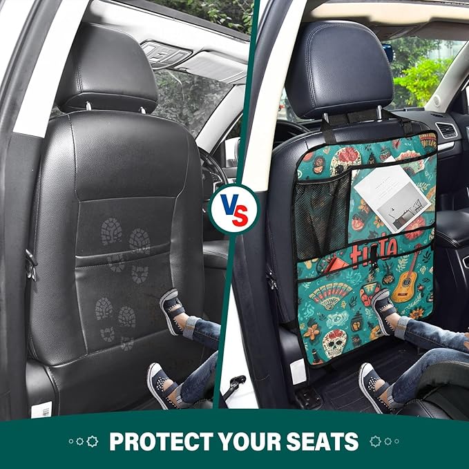 2 Pack Back Seat Car Organizer with Storage Pockets Kick Mats Back Seat Protector Hanging Car Organizer Automotive Seat Back Cover Organizers Fiesta Mexican Green Skulls Guitars Flowers