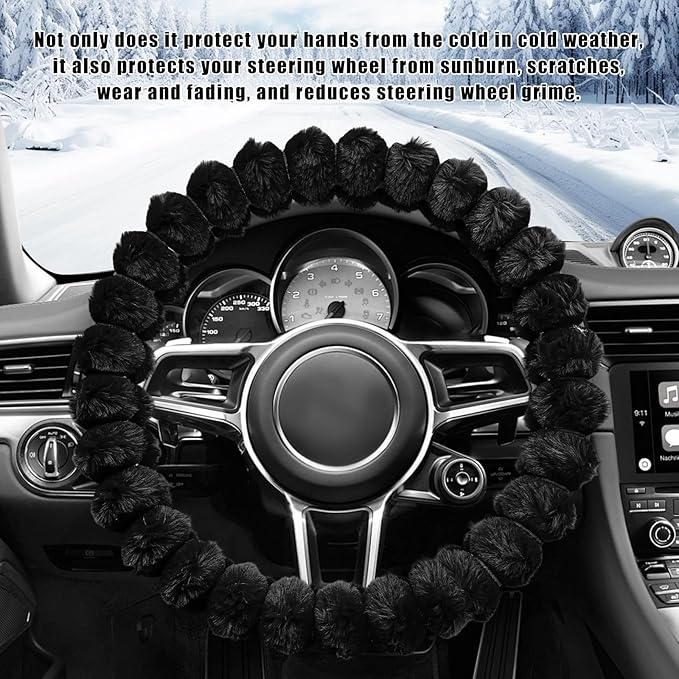 Fluffy Car Steering Wheel Cover, 14.5-15 Inches Anti-Slip Plush Fuzzy Steering Wheel Protector, Soft Warm Steering Wheel Cover Interior Decor for Women Girl, Car Accessories (Black)