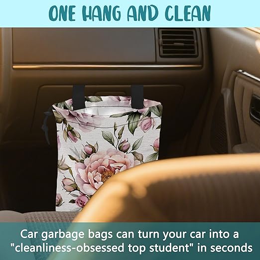 KXWQTRDD Car Trash Bag Pink Peonies and Green Leaves Leak-Proof Car Garbage Bag with Drawstring Foldable Canvas Trash Bin with Adjustable Buckle for Car Accessories