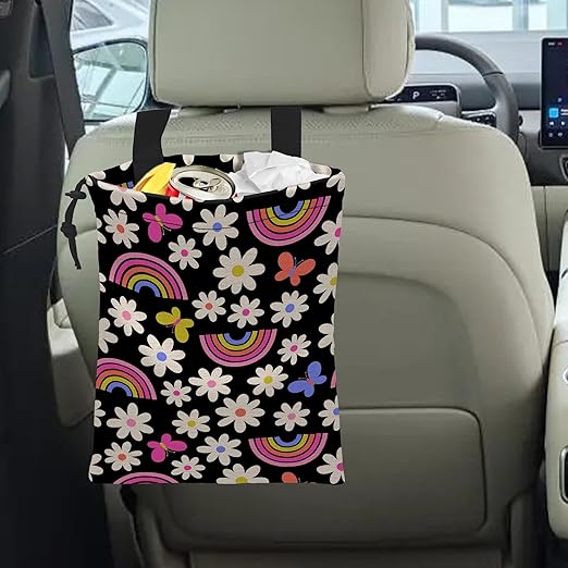 ghatobty Car Trash Bag Daisy Rainbow Butterfly Car Garbage Bag Hanging Car Trash Can for Back Seat with Drawstring, Waterproof Garbage Bags for Car Accessories Vehicle Travelling Camping Outdoor