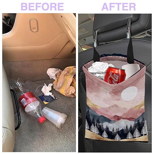 UUCBTAH Car Trash Bag Forest Mountain Moon Landscape Car Trash Bin Leakproof Waterproof Car Trash Can for Back Seat, Foldable Car Garbage Bag with Adjustable Straps and Drawstring for Car Accessories