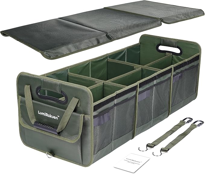 LumiRakuen Collapsible Trunk Organizer For Car with Detachable Lid, Heavy-Duty 1680D fabric, 3.5mm PP Panels, Multi-Compartment, No Sliding Bottom, 2 Adjustable Straps for SUV, Tesla, Truck(XL,Green)