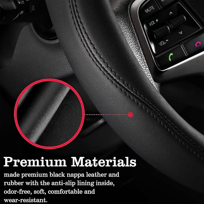 Wine Red Car Steering Wheel Cover, Nappa Leather, Bottom Color Blocking, Universal 14.5-15 Inch Leather Anti-Slip Breathable Auto Steering Wheel Covers for Men Women