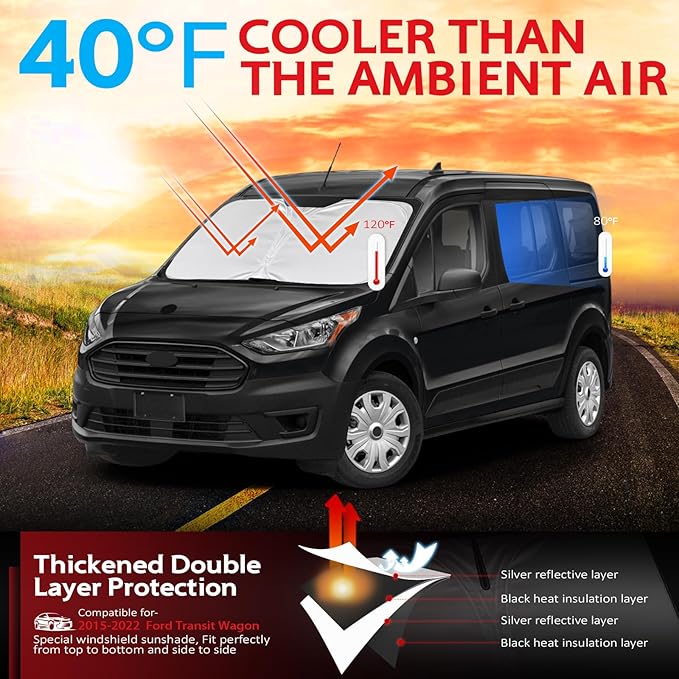 KAYZT Windshield Sun Shade for 2015-2025 2026 Ford Transit 150 250 350 350HD (Not for Transit Connect), Foldable Sunshade Front Window Custom Fit Car Accessories