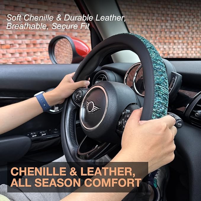 PINCTROT Large Size Chenille Leather Steering Wheel Cover, Soft Mottled Colors, Sweat-Proof, Non-Slip Grip, All-Season Comfort, 15.5-15.75 Inch(Mottled Teal)