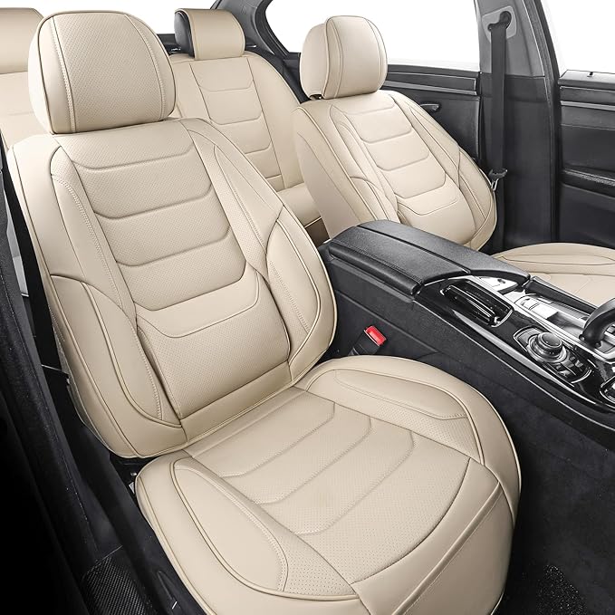 hoozoom Leather Front Car Seat Covers Breathable Seat Covers Waterproof Seat Protectors Universal Fit for Most Automotive Cars SUV Trucks Van (Beige, Front Pair)