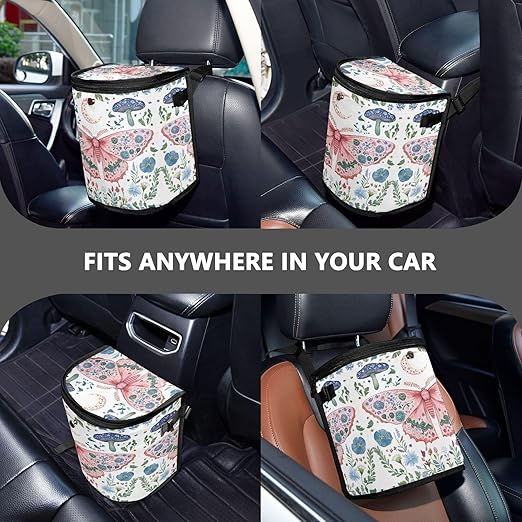 MNSRUU Car Trash Can with Lid, Butterfly Mushroom Flower Car Trash Bag Hanging Organizers and Storage for Front Back Seat, Leak-Proof Trash Bin