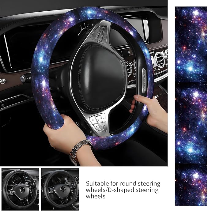 Steering Wheel Covers for Car, Truck, and SUV, Cute Non-Slip Breathable Elastic Steering Wheel, Car Accessories, Universal 15 Inch Leather Cover for Men Women Galaxy Pattern