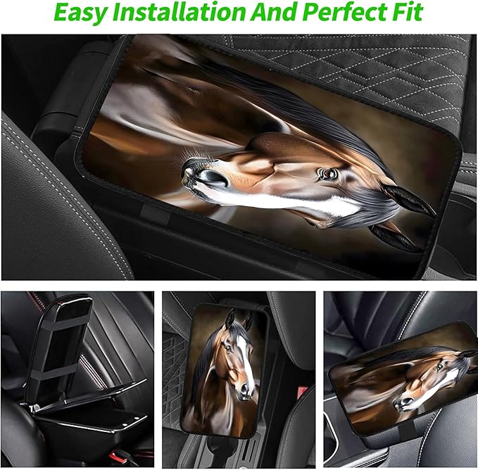 JANENFNA Car Armrest Cover Pads Universal Fashion Cute Auto Center Console Armrest Cover Pad with 2PCS Car Coasters Soft Waterproof Car Armrest Seat Protector for Women,Cute Horse Pattern