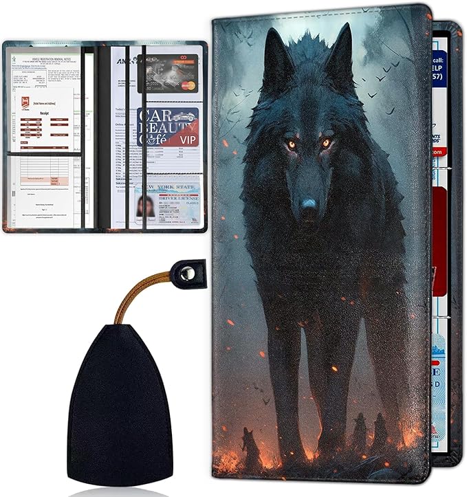 Car Document Holder with Magnetic Shut, Car Registration & Insurance Card Holder, Waterproof PU Leather Glove Box Organizer Vehicle Accessories Driver License for Women/Men, Wolf Pattern