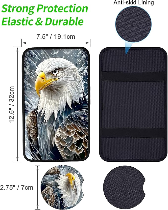 JANENFNA Car Armrest Cover Pads Universal Fashion Cute Auto Center Console Armrest Cover Pad with 2PCS Car Coasters Soft Waterproof Car Armrest Seat Protector for Women,Snowy Eagle