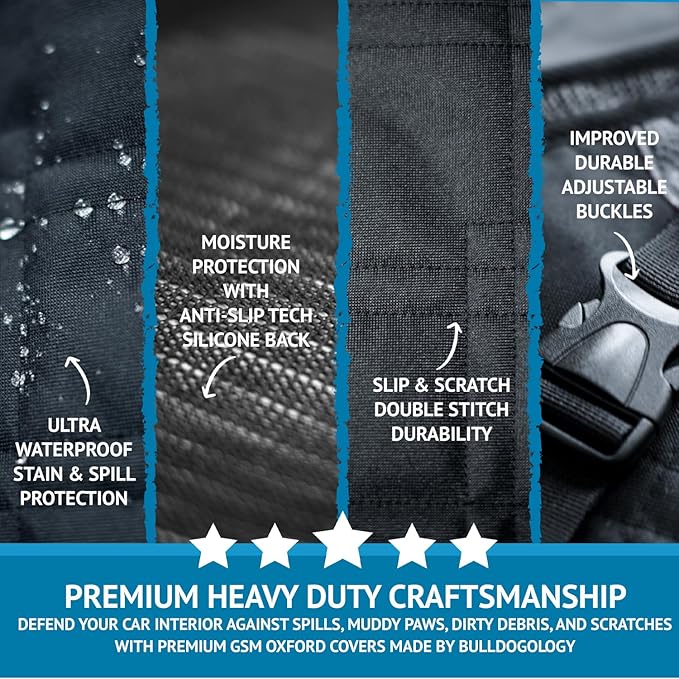 Bulldogology Dog Car Seat Cover Hard Bottom Back Seat Extender for Dogs – Waterproof, Scratch‑Resistant, Heavy Duty Pet Seat Protector Hammock with Non‑Slip Backing for Cars, SUVs & Trucks (Large)