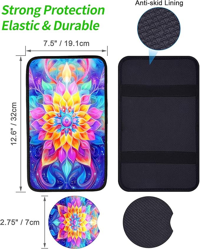 JANENFNA Car Armrest Cover Pads Universal Fashion Cute Auto Center Console Armrest Cover Pad with 2PCS Car Coasters Soft Waterproof Car Armrest Seat Protector for Women,Colorful Flower