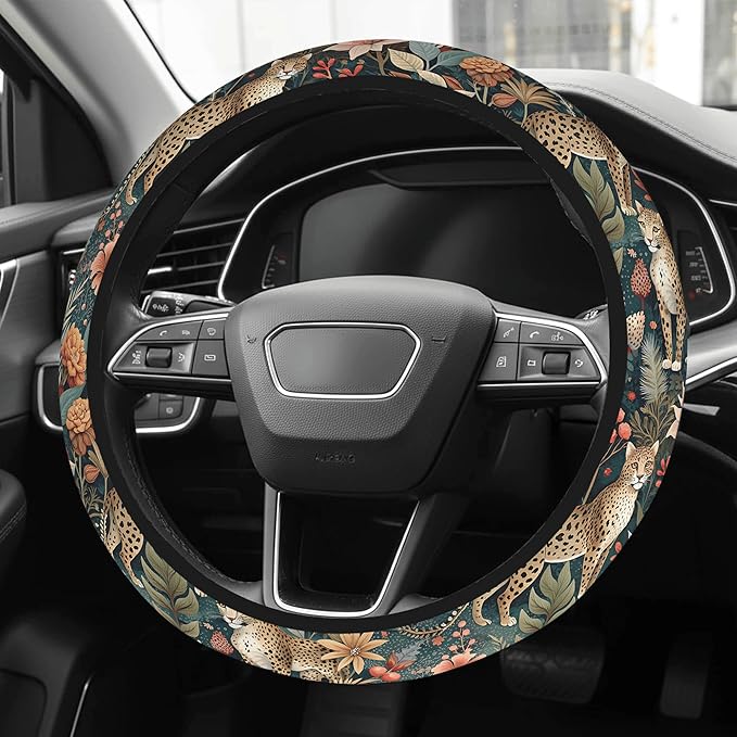 Cute Steering Wheel Cover for Women, Machine Washable Universal 14.5-15.5 inch Non-Slip Grip All Weather Use (Leopard Print)
