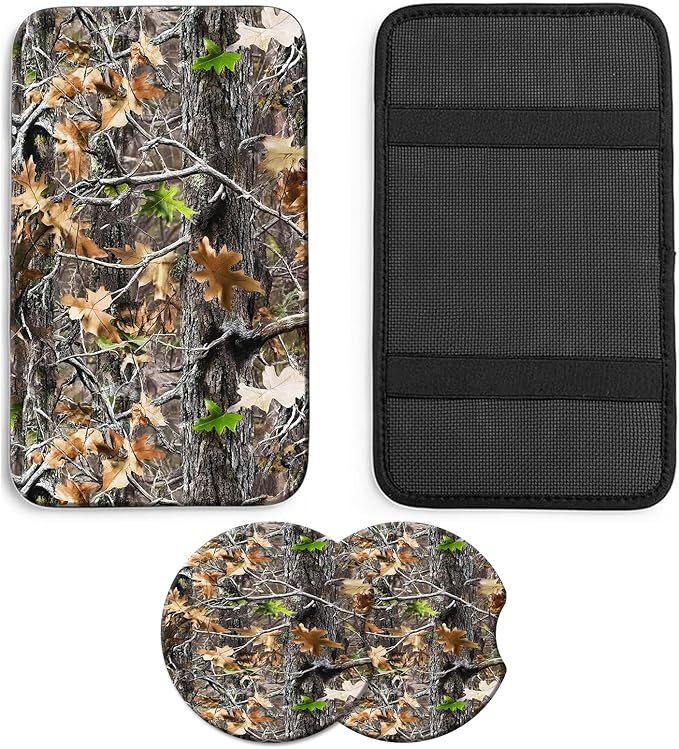 JANENFNA Car Armrest Cover Pads Universal Fashion Cute Auto Center Console Armrest Cover Pad with 2PCS Car Coasters Soft Waterproof Car Armrest Seat Protector for Women,Camo Leaves Pattern
