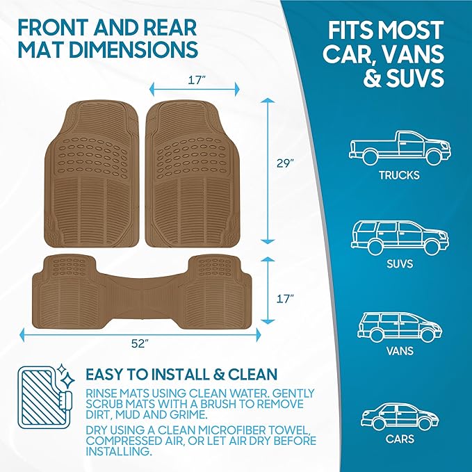 BDK ProLiner Heavy Duty Rubber Floor Mats for Auto - All Weather Protection Liners 3 PC Set (Tan Beige)