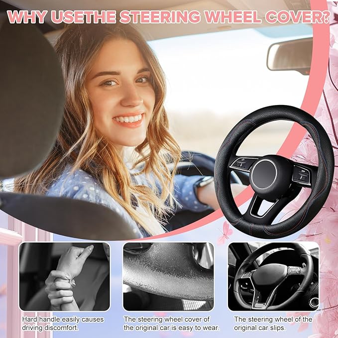 Black Car Steering Wheel Cover, Slip-Proof Breathable Comfort PU Leather Cute Universal Protector Cars Interior Accessories for Women Girl Fit Most Vehicle (Black)