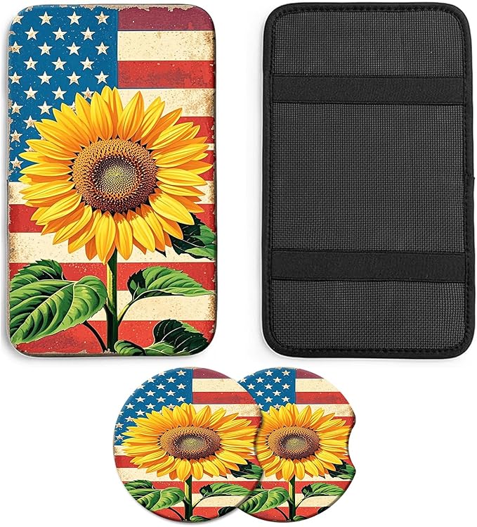 JANENFNA Car Armrest Cover Pads Universal Fashion Cute Auto Center Console Armrest Cover Pad with 2PCS Car Coasters Soft Waterproof Car Armrest Seat Protector for Women,Flag Sunflower