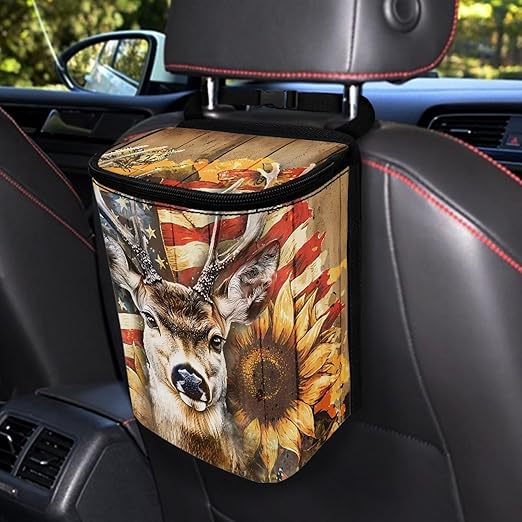 Talayituse Deer Sunflower Print Car Trash Can with Lid, American Flag Wood Leak Proof Auto Trash Bag Hanging Vehicle Garbage Can Multipurpose Storage Container for Back Seat Road Trip