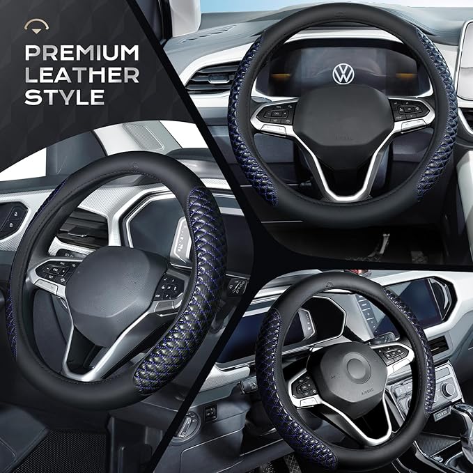 Coverado Car Steering Wheel Cover, Nappa Leather Black & Blueline Steering Wheel Covers, Universal 14-15 inch, Anti-Slip, Breathable Steering Wheel Protector for Women Men