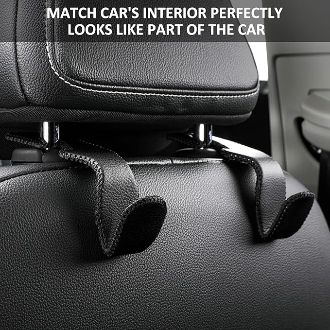TISOHUGO Car Headrest Hooks for Purses and Bags Vehicle Back Seat Headrest Hanger Matching Cars Interior Genuine Leather Storage Holder Hook, 4 Pack, Black