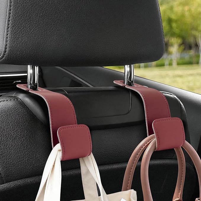 Romiona Leather Car Purse Hooks with Larger Strap Holder Purse Hook Purse Holder for car car seat Back Hooks Automotive seat Back Organizer headrest Hooks for Bags and Purse (Red, 2pcs)