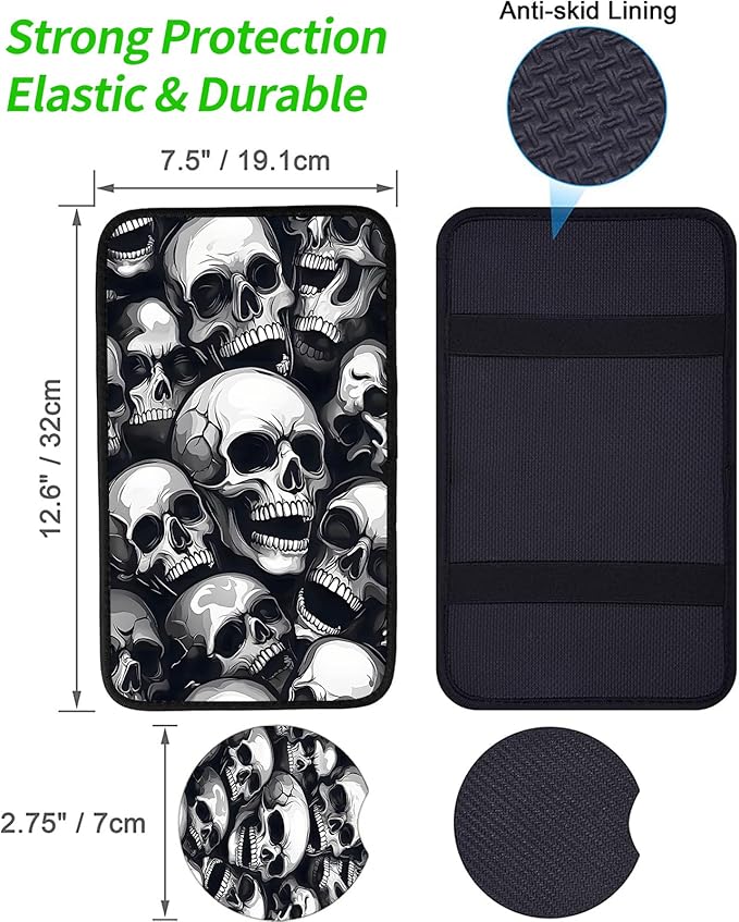 JANENFNA Car Armrest Cover Pads Universal Fashion Cute Auto Center Console Armrest Cover Pad with 2PCS Car Coasters Soft Waterproof Car Armrest Seat Protector for Women,Pile of Skulls