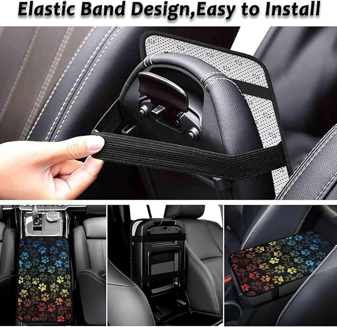Bulopur Colorful Dog Paw Prints Auto Armrest Console Car Accessories Car Center Console Cover Easy to Install Armrest Console Cover Flannel Thickened Fit for Most Cars, Vehicles, SUVs