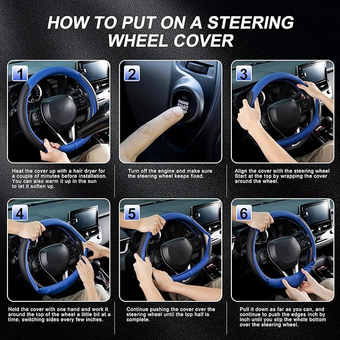 SEG Direct Steering Wheel Cover for 14.5-15 inch Wheels, Breathable PU Leather with Perforated Sides, Anti-Slip Grip, Universal Fit for Cars & SUVs, Black and Blue