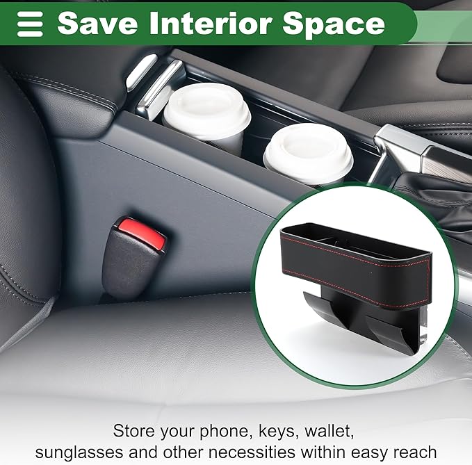 Motoforti Universal Car Seat Gap Filler Organizer with Cup Holder Front Seat Gap Filler Car Seat Gap Organizer Car Storage Accessories, Leather, Black