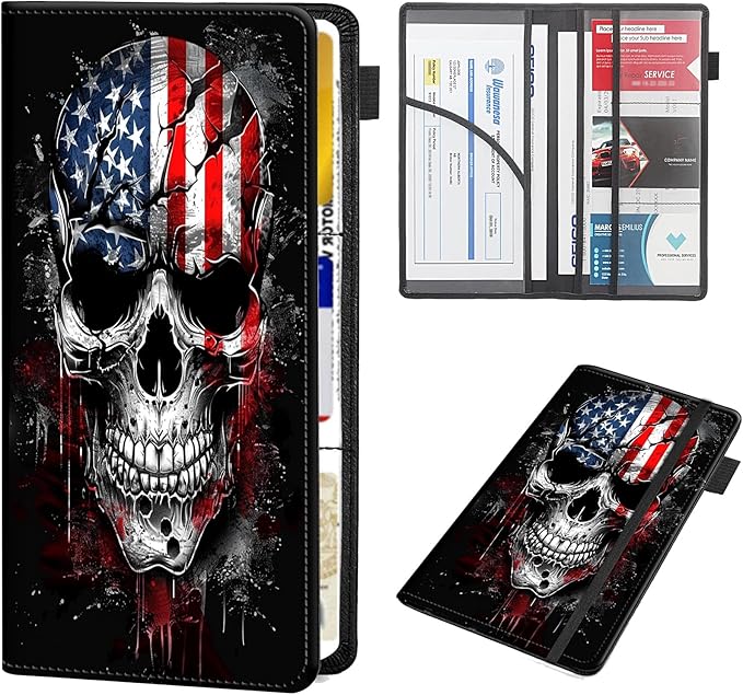 RAUEDWDJS Car Registration and Insurance Holder,Leather Vehicle Glove Box Organizer Wallet Case for Driver's License,ID Key Information Cards-Flag Skull