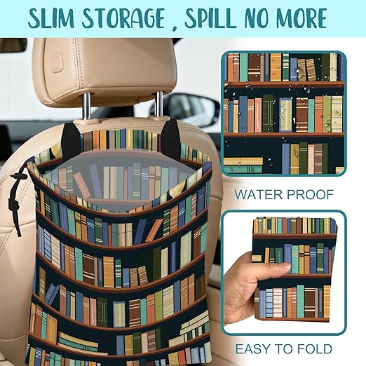 KXWQTRDD Car Trash Bag Books on Shelves Leak-Proof Car Garbage Bag with Drawstring Foldable Canvas Trash Bin with Adjustable Buckle for Car Accessories