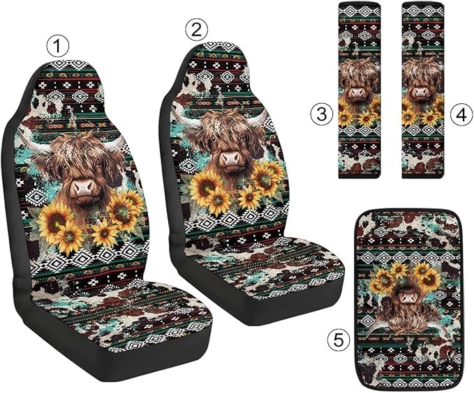 Qeluxign Car Seat Covers 2 Front Seats Universal Center Console Protector Auto Seat Belt Cover Against Stains, Spills, Dust Car Interior Accessories 5 Piece Set,Highland Cow Sunflower Tribal